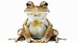   A brown-and-white frog sits atop a white floor A green and yellow frog rests beside it, perched on its legs