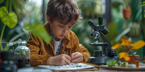 Poster - Young Scientist Studying Plant Cells through Microscope with Notebook of Drawings