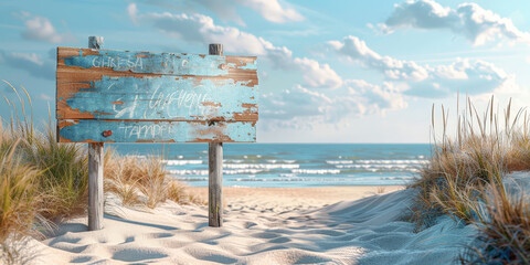 wooden vintage sign on the beach with sea and dunes, pastel blue colors, minimalist style. --ar 2:1 --stylize 218 --iw 1.5 Job ID: 60dc2247-cce8-4e45-8111-8d1d06ba2403