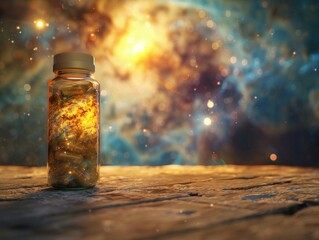 Pill bottle with elixir of life, celestial event backdrop, medium shot, 2D.