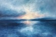 Water surface, reflections of the sky at dawn, Painterly strokes illustrate a serene ocean scene at dusk, clouds reflecting on water, blending realism with the ethereal in display of nature's artistry