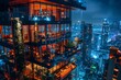 Sky-high dining elegance, city's nocturnal beauty, Night view of upscale restaurant terrace, glowing interiors, city skyline backdrop. Warm lights accentuate lush greenery, modern design elements.