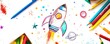 Hand-drawn rocket launching into space, surrounded by colorful art supplies. Creativity in education concept. Inspiring craft for kids. Imaginative play illustration. AI