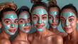 Five friends with facial masks enjoy a spa day at home