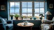   A livable space featuring two couches and a table arranges before an expansive window unveiling an ocean vista