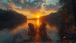 A man and a woman are sitting on a dock by a lake, watching the sun set. Image created by AI