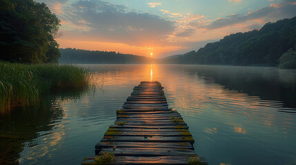 Poster - A wooden bridge spans a body of water with a sunset in the background. Image created by AI