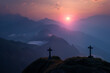 Crosses on top of a mountain against the backdrop of a beautiful sunrise landscape. Crosses in the mountains.