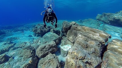 Wall Mural -   A diver in scuba gear explores an underwater rock formation, scuba pole in the foreground