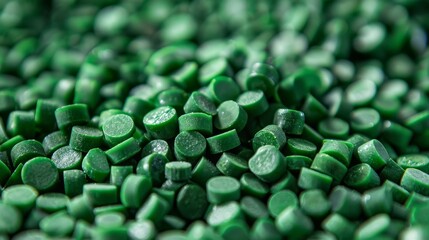 A close-up shot of green laundry pellets, epitomizing eco-friendly cleaning in a minimalist setup