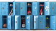 Kind of sports concept. School lockers with open doors and sports equipment, items and accessories for sports.