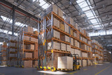 Fototapeta Boho - Retail warehouse full of shelves with cardboard boxes and packages. Logistics, storage, and delivery industrial background. 3d illustration