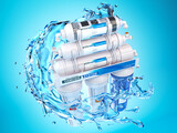Fototapeta Boho - Reverse osmosis water purification system with water splashes on blue background.. Water cleaning system installation.