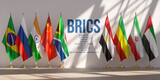 Fototapeta Boho - BRICS summit or meeting concept. Row from flags of all members of BRICS list of countries.