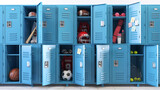 Fototapeta  - Kind of sports concept. School lockers with open doors and sports equipment, items and accessories for sports.