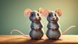 Two animated mice with large ears and smiling faces stand side by side on a wooden surface, radiating cheerfulness.