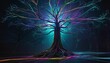 An ethereal tree with neon-colored branches stands tall against a dark night sky, radiating a magical, otherworldly glow.