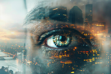 Poster - A blurry eye with a city in the background