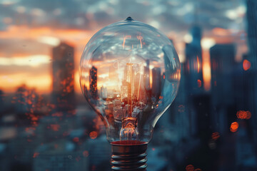 Wall Mural - A light bulb is lit up in a cityscape