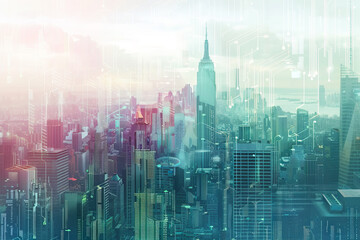 Poster - A cityscape with a tall building in the middle. The sky is a mix of colors, and the city appears to be in a futuristic setting