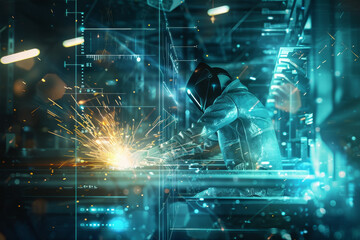 Poster - A man in a suit is working on a machine in a factory. The image is a futuristic scene with a lot of sparks and bright lights