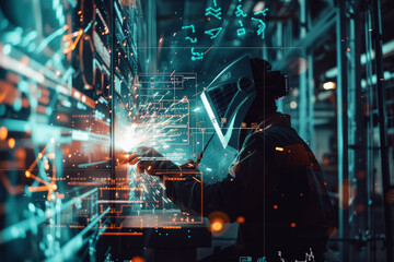 Poster - A man in a black suit is working on a computer monitor with a lot of sparks and numbers. Concept of technology and innovation, as well as the hard work and dedication required to create