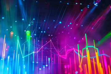 Poster - A colorful, abstract image of a city skyline with a lot of lines and curves. The colors are bright and vibrant, giving the impression of a futuristic, high-tech environment