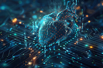 Fototapete - A heart is shown in a blue and green color scheme, surrounded by a network of wires. The heart is surrounded by a glowing, almost ethereal aura, giving the image a sense of otherworldly beauty