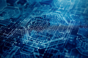 Poster - A blue and white image of a circuit board with many lines and squares. The image is abstract and has a futuristic feel to it