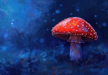 A single Amanita mushroom bathed in moonlight, standing amidst a magical blue forest, creates a scene out of a fantasy world.