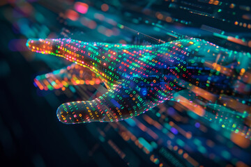Poster - A hand is shown in a colorful, abstract pattern. Concept of technology and innovation, as well as the idea of a futuristic, digital world. The hand is reaching out