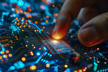 Poster - A hand is touching a circuit board with a glowing finger. Concept of curiosity and wonder about the technology and the intricacies of the circuit board