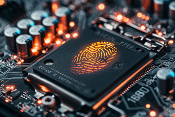 Poster - A computer chip with a fingerprint on it. The fingerprint is glowing orange