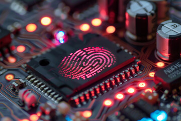 Poster - A computer chip with a fingerprint on it. The fingerprint is red and glowing. Concept of security and protection