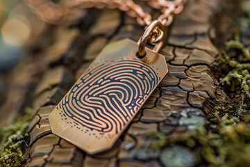 Poster - A gold and black tag with a fingerprint design sits on a pile of small, shiny objects. The tag is unique and eye-catching, and the shiny objects around it add to its appeal