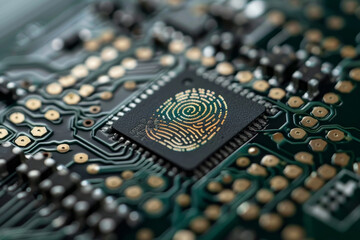 Poster - A computer chip with a fingerprint on it. The fingerprint is a unique pattern that can be used to identify a person. Concept of security and protection