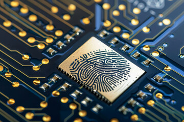 Poster - A close up of a computer chip with a fingerprint on it. The fingerprint is a unique identifier for the chip, and it is likely used to secure the chip from unauthorized access
