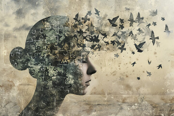 Poster - A woman's face is shown with a puzzle piece design, and the background is filled with birds. Concept of chaos and confusion, as the birds seem to be flying in all directions, creating a disordered