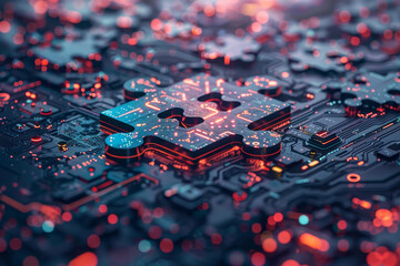 Fototapete - A jigsaw puzzle with a green piece that is missing. The puzzle is surrounded by a blurry background with a lot of light and dark colors. Scene is mysterious and intriguing