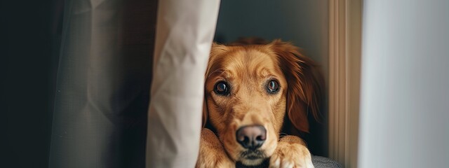 Wall Mural - a dog is peeking out from behind a curtain with his paws on the pillow