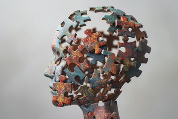 Poster - A puzzle head with a colorful design. The puzzle pieces are scattered all over the head, creating a unique and abstract look. Concept of creativity and artistic expression