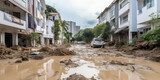 Concept natural disasters with storm wind and rain. Landslide and flooding in city caused by thunderstorm and hurricane