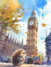 A Hedgehog Navigating The Busy Streets Of London, Looking Up At The Big Ben Clock Tower, Watercolor Illustration, White Background For Removing Background