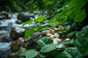 Wall Mural - A bunch of pills are scattered on a rock near a stream. The pills are of different colors and sizes, and they are surrounded by green leaves. The scene gives off a sense of tranquility
