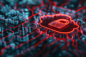 Poster - A red and blue computer chip with a lock on it