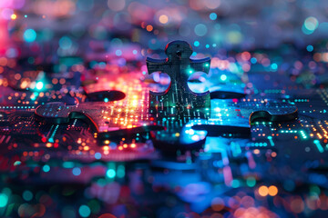 Fototapete - A puzzle piece with a cross on it is on a colorful background. The puzzle piece is surrounded by a cityscape, giving the impression of a futuristic city