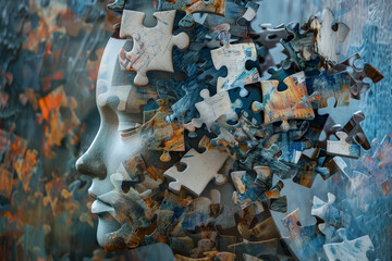 Poster - A jigsaw puzzle of a face with a blue background. The puzzle is incomplete and the face is missing a nose