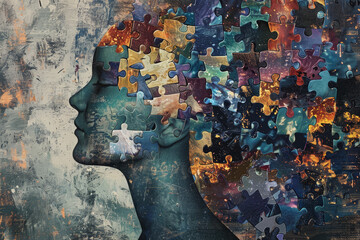 Poster - A colorful puzzle of a woman's head with a blue face. The puzzle pieces are scattered all over the image, creating a sense of chaos and disarray. The woman's face is missing