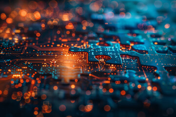 Fototapete - A close up of a circuit board with a jigsaw puzzle piece missing. The image has a futuristic and technological feel to it, with the bright colors and intricate design of the circuit board