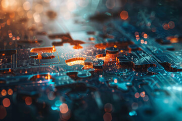 Fototapete - A close up of a jigsaw puzzle with a blue background. The puzzle is made of electronic components and has a bright orange piece. The image has a futuristic and technological feel to it